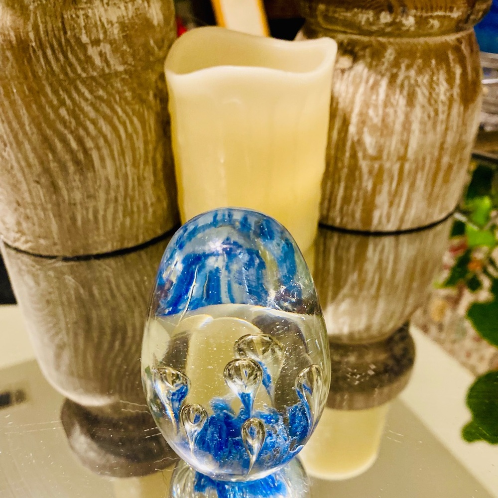 3.5" Egg Shaped Paperweight Art Glass Cobalt Blue & Clear Votive Bubbles Inside